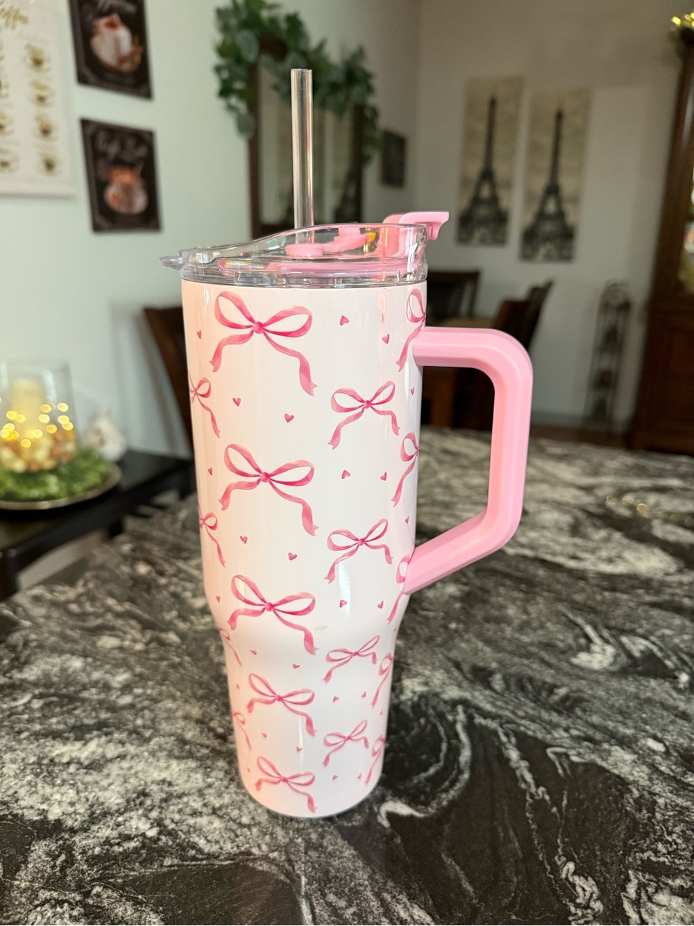 Pink Bow Pattern Insulated Travel Tumbler with Handle